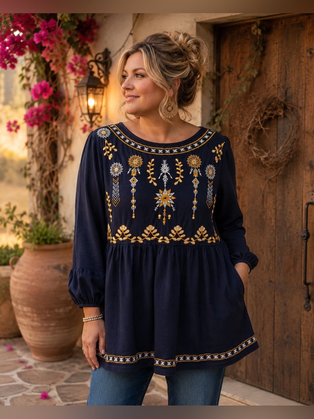BloomChic Embroidered Boho Tunic Top Plus Size 14/16 Navy Floral Long Sleeve